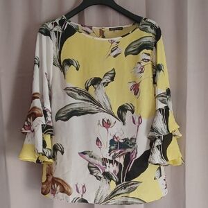 Jessica Rose Sheer Floral Blouse, Ruffle Bell Sleeves